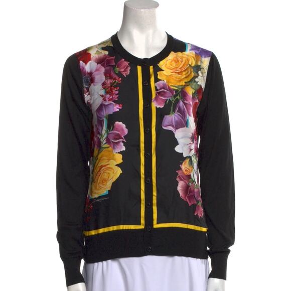 NWT Dolce & Gabbana Black Floral Print Button Cardigan Sweater top IT 42 M - Picture 1 of 9